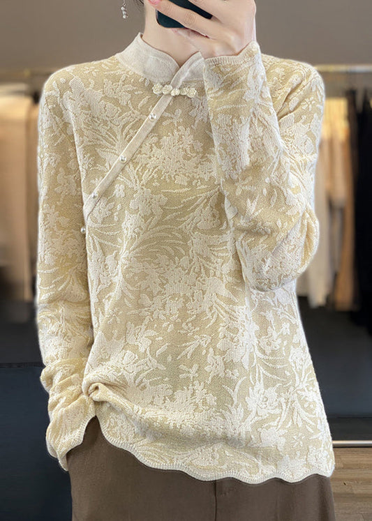 Beige Stand Collar Jacquard Woolen Sweater Spring Tq011