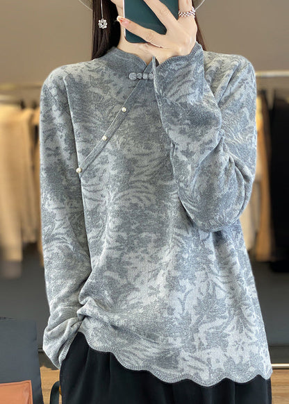 Beige Stand Collar Jacquard Woolen Sweater Spring Tq011