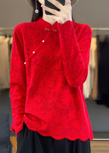 Beige Stand Collar Jacquard Woolen Sweater Spring Tq011