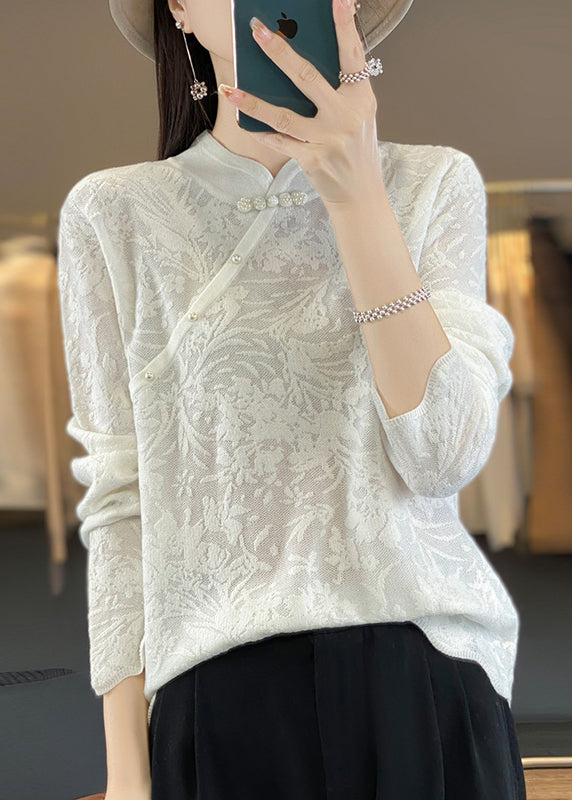 Beige Stand Collar Jacquard Woolen Sweater Spring Tq011