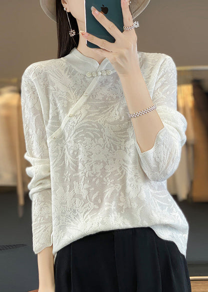 Beige Stand Collar Jacquard Woolen Sweater Spring Tq011