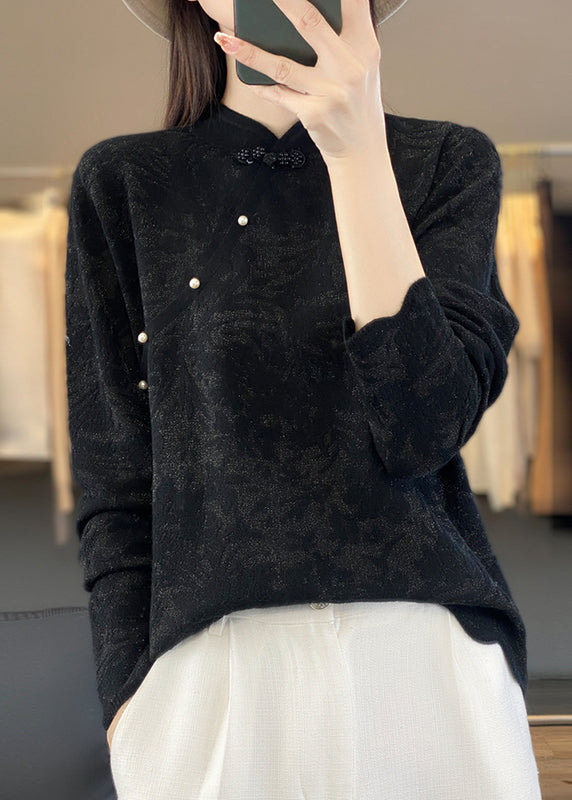 Beige Stand Collar Jacquard Woolen Sweater Spring Tq011