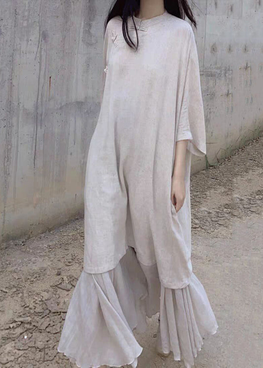 Beige Stand Collar Oriental Button Linen Long Dress Bracelet Sleeve Ru032