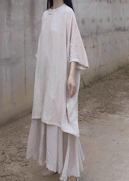 Beige Stand Collar Oriental Button Linen Long Dress Bracelet Sleeve Ru032