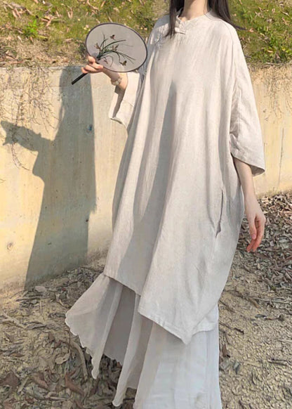 Beige Stand Collar Oriental Button Linen Long Dress Bracelet Sleeve Ru032