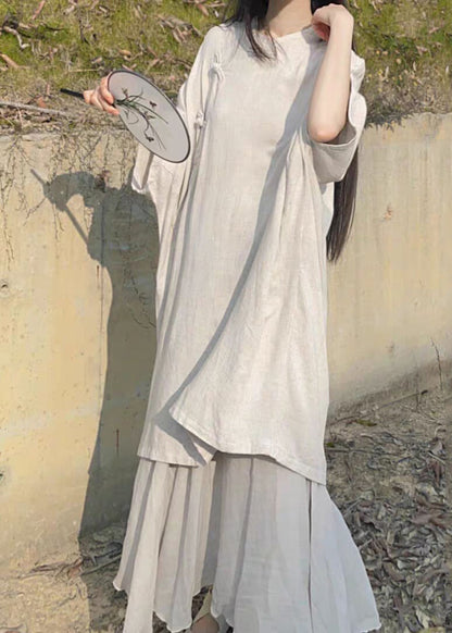 Beige Stand Collar Oriental Button Linen Long Dress Bracelet Sleeve Ru032
