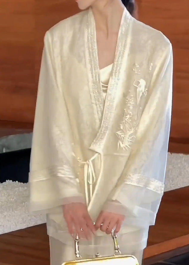 Beige V Neck Embroidered Lace Up Silk Cardigan Spring Yf016