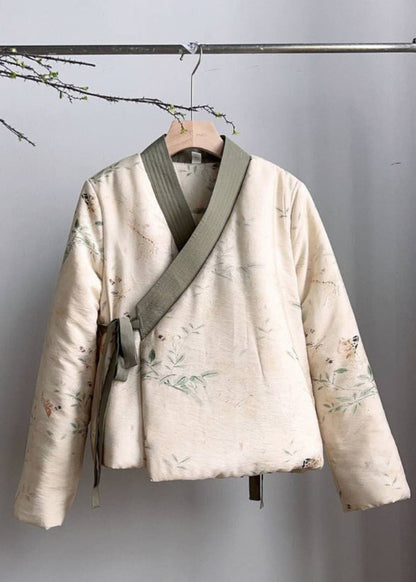 Beige V Neck Lace Up Fine Cotton Filled Coats Spring Tj030