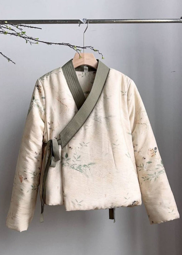 Beige V Neck Lace Up Fine Cotton Filled Coats Spring Tj030