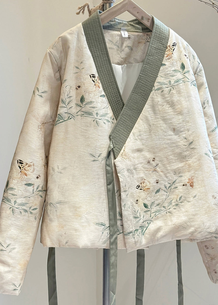 Beige V Neck Lace Up Fine Cotton Filled Coats Spring Tj030