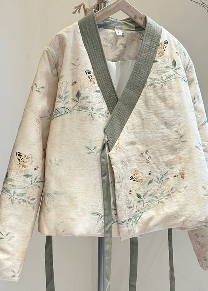 Beige V Neck Lace Up Fine Cotton Filled Coats Spring Tj030
