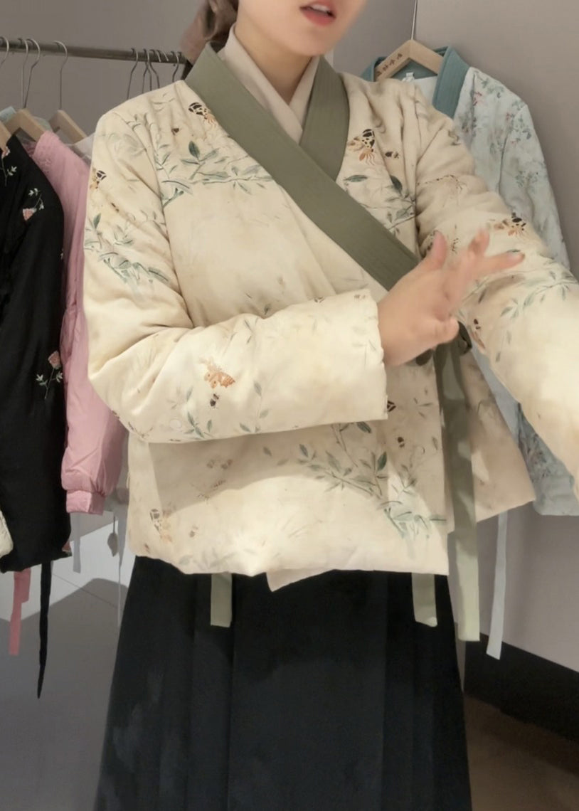 Beige V Neck Lace Up Fine Cotton Filled Coats Spring Tj030