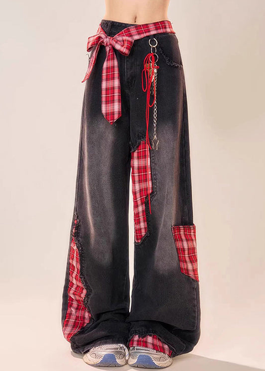 Leg Patchwork Bow Plaid Wide Black Summer Denim Pants