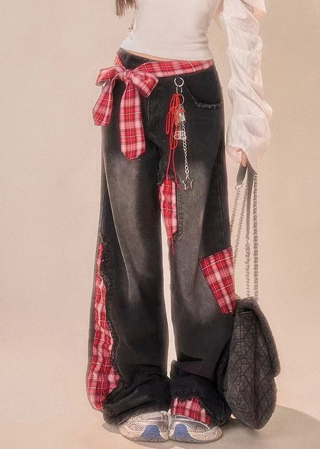 Leg Patchwork Bow Plaid Wide Black Summer Denim Pants