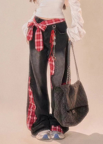 Leg Patchwork Bow Plaid Wide Black Summer Denim Pants