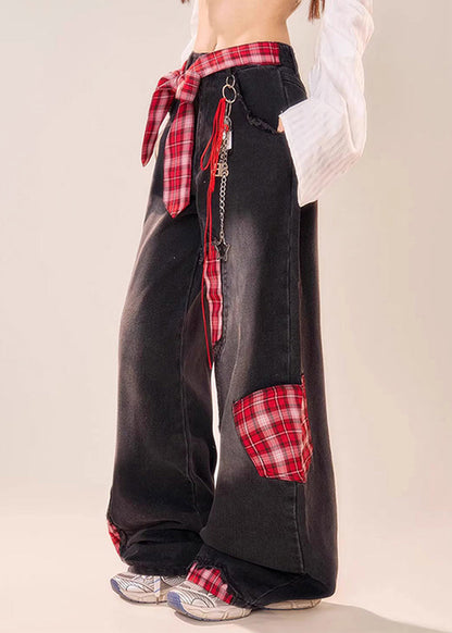 Leg Patchwork Bow Plaid Wide Black Summer Denim Pants