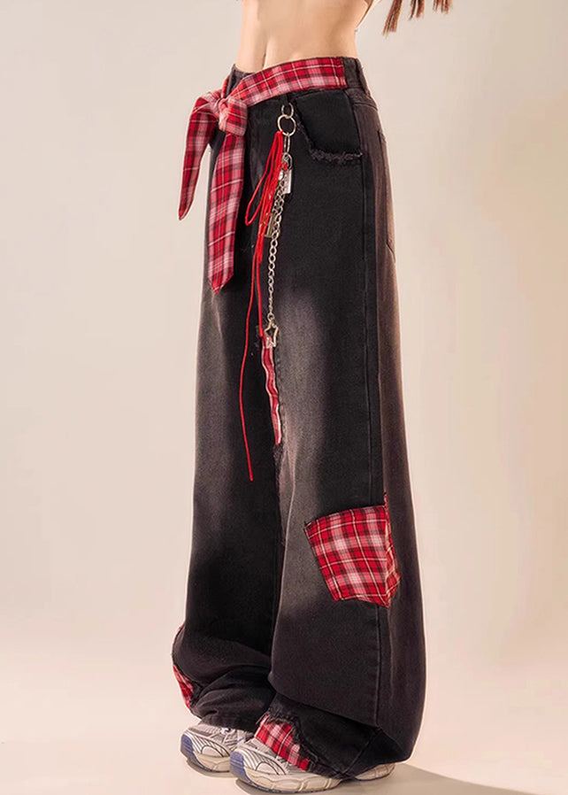 Leg Patchwork Bow Plaid Wide Black Summer Denim Pants