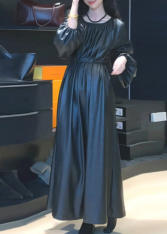 Black Cinched Tie Waist Pu Maxi Dresses Spring Rp022