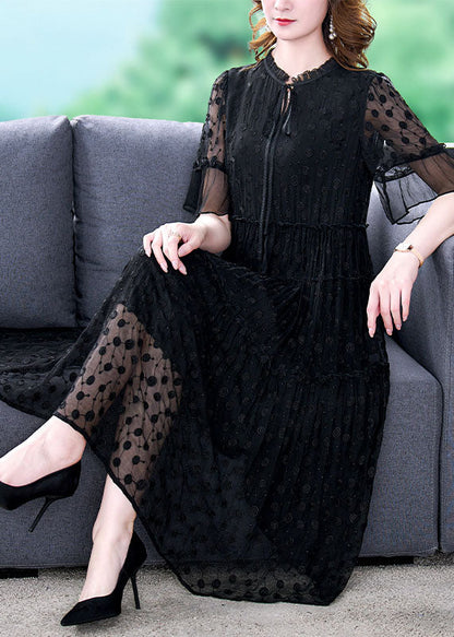 Black Embroidered Hollow Out Lace Long Dress Summer Yy011