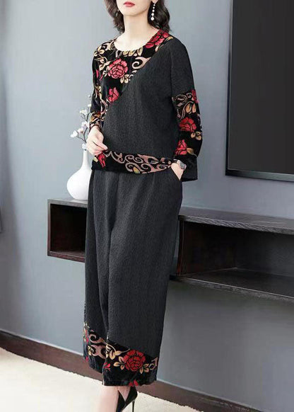 Black Embroideried Tops and Wide Leg Pants Cotton Two Piece Set Fall Tf1042