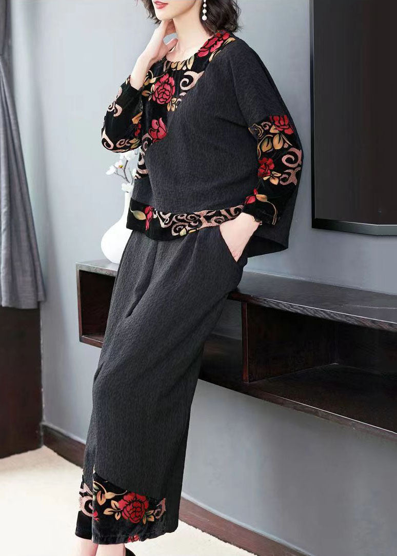 Black Embroideried Tops and Wide Leg Pants Cotton Two Piece Set Fall Tf1042
