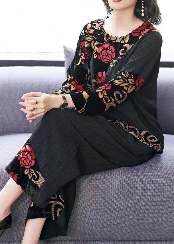 Black Embroideried Tops and Wide Leg Pants Cotton Two Piece Set Fall Tf1042