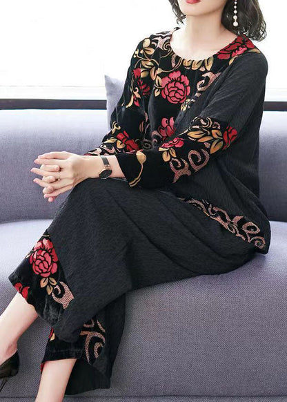 Black Embroideried Tops and Wide Leg Pants Cotton Two Piece Set Fall Tf1042