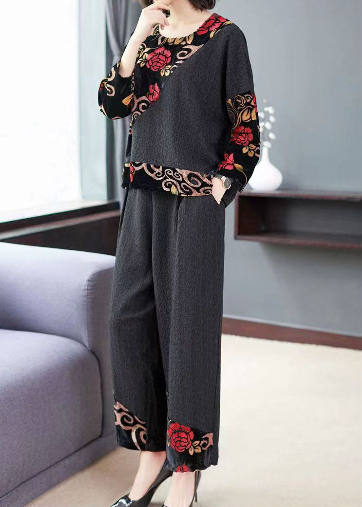 Black Embroideried Tops and Wide Leg Pants Cotton Two Piece Set Fall Tf1042