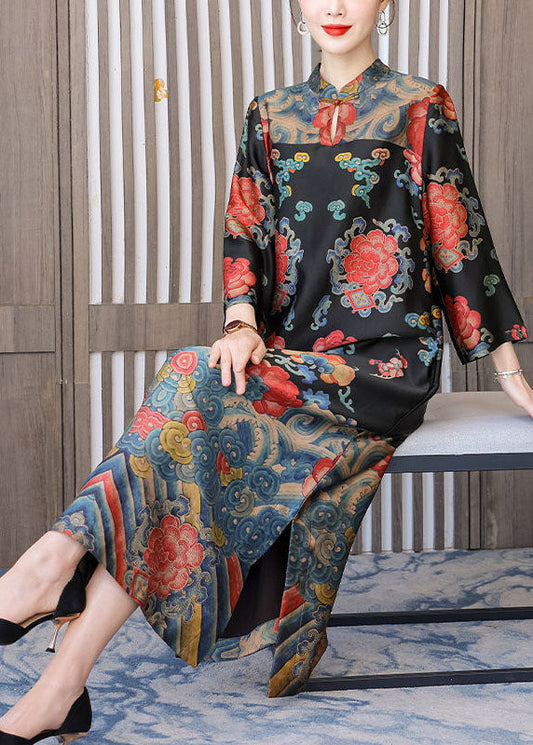Black Mandarin Collar Print Silk Long Dresses Bracelet Sleeve Ly1710