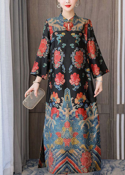 Black Mandarin Collar Print Silk Long Dresses Bracelet Sleeve Ly1710