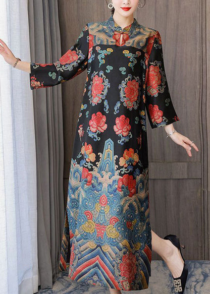 Black Mandarin Collar Print Silk Long Dresses Bracelet Sleeve Ly1710