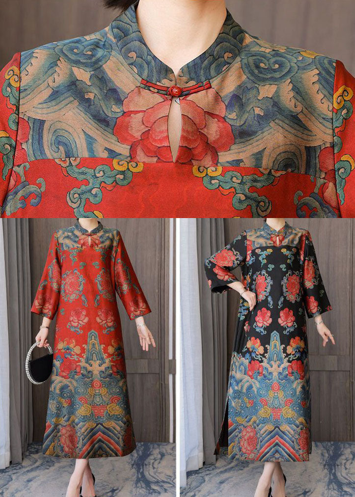 Black Mandarin Collar Print Silk Long Dresses Bracelet Sleeve Ly1710