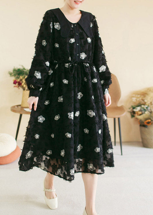 Black O-neck Embroideried Patchwork Cotton Long Dress Spring Ti1036