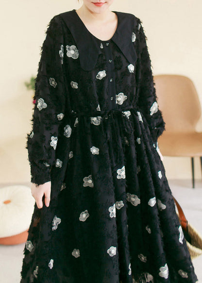 Black O-neck Embroideried Patchwork Cotton Long Dress Spring Ti1036