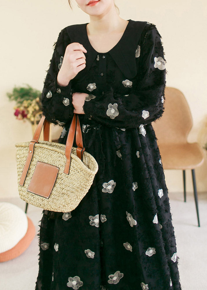 Black O-neck Embroideried Patchwork Cotton Long Dress Spring Ti1036