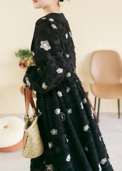 Black O-neck Embroideried Patchwork Cotton Long Dress Spring Ti1036