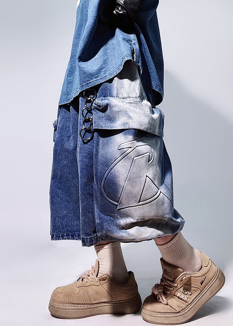 Elastic Waist Black Denim Shorts Oversized Pockets