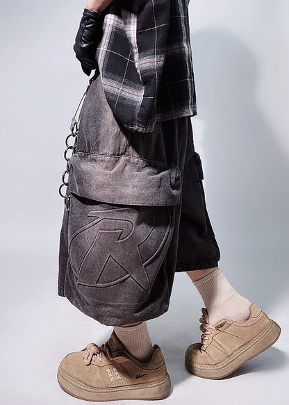 Elastic Waist Black Denim Shorts Oversized Pockets