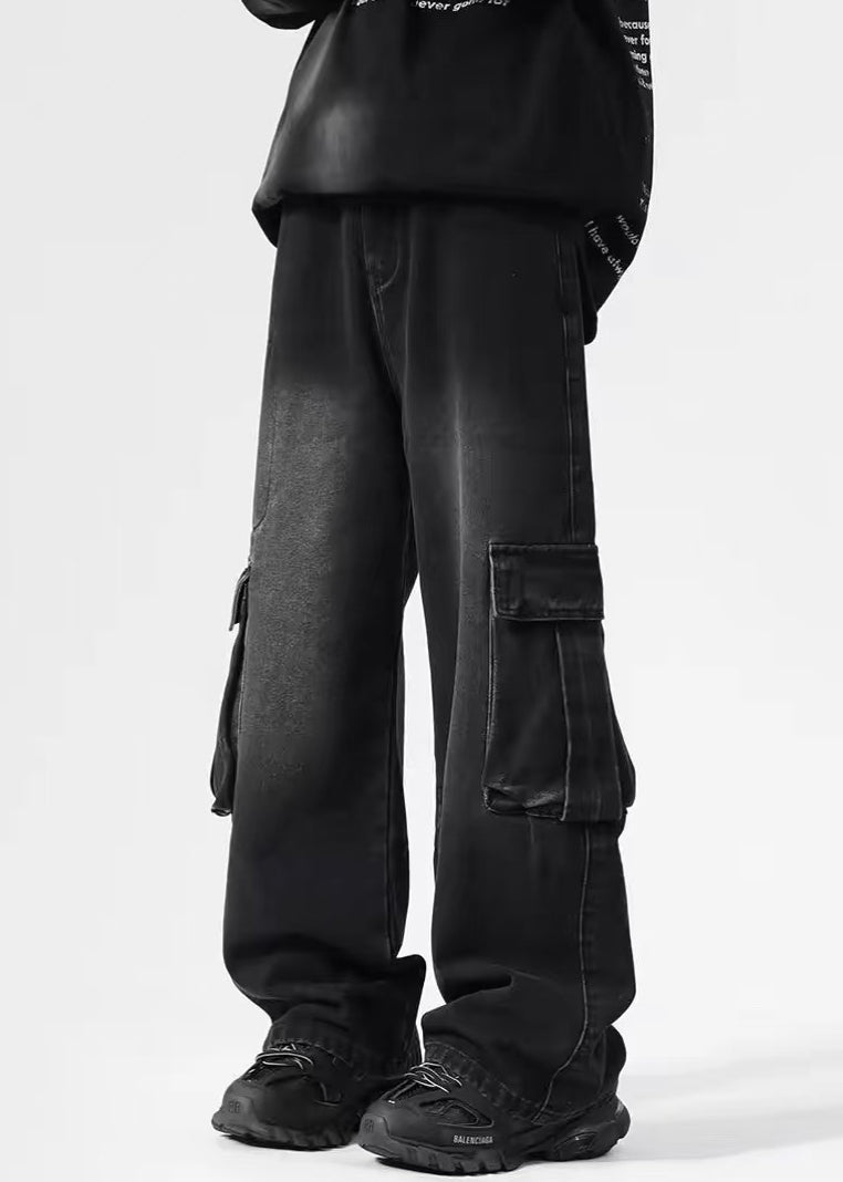 High Denim Pockets Pants Black Spring Waist
