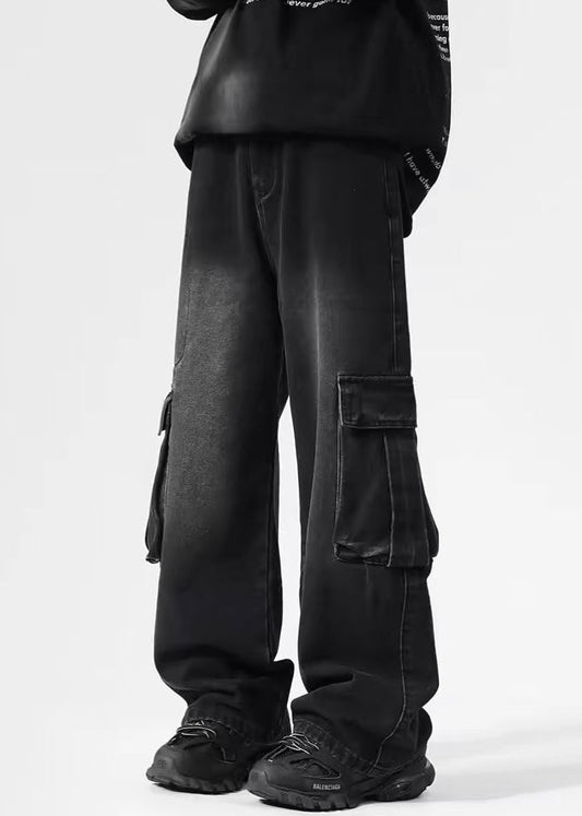 High Denim Pockets Pants Black Spring Waist
