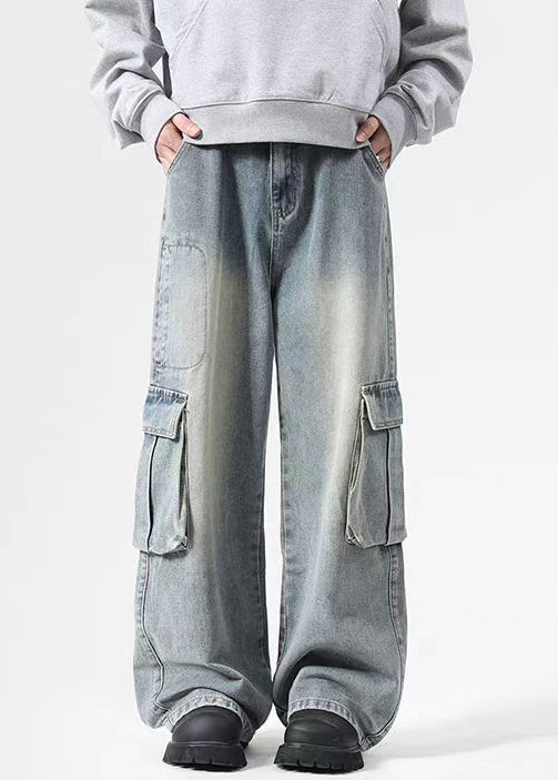 High Denim Pockets Pants Black Spring Waist