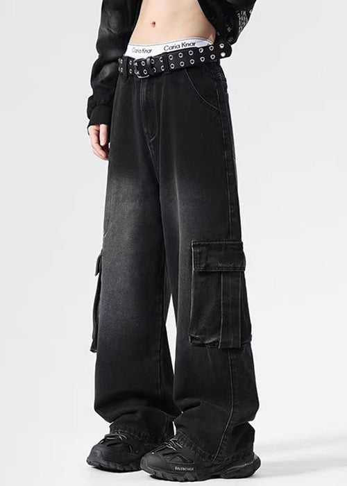 High Denim Pockets Pants Black Spring Waist