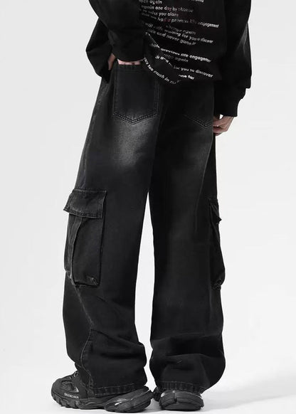 High Denim Pockets Pants Black Spring Waist