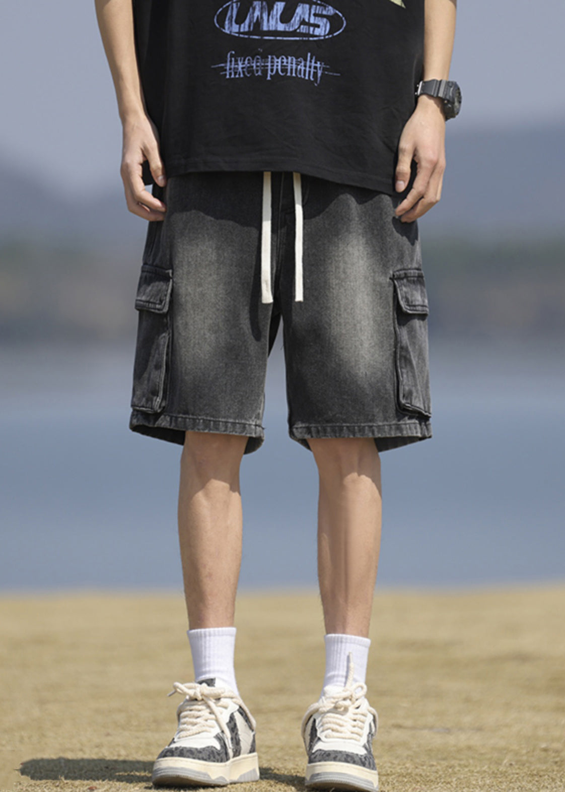 Black Pockets Lace Up Denim Shorts Summer Yl031