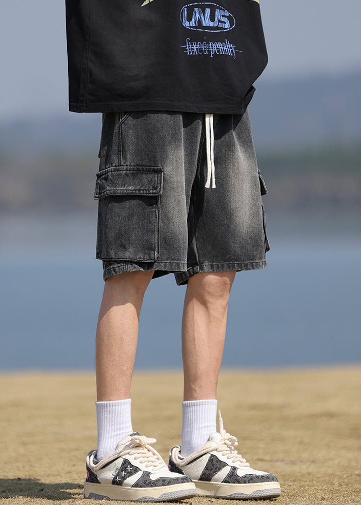 Black Pockets Lace Up Denim Shorts Summer Yl031