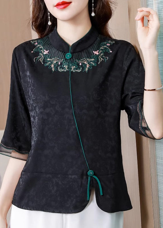 Black Stand Collar Embroidered Silk Blouse Top Summer Bb008