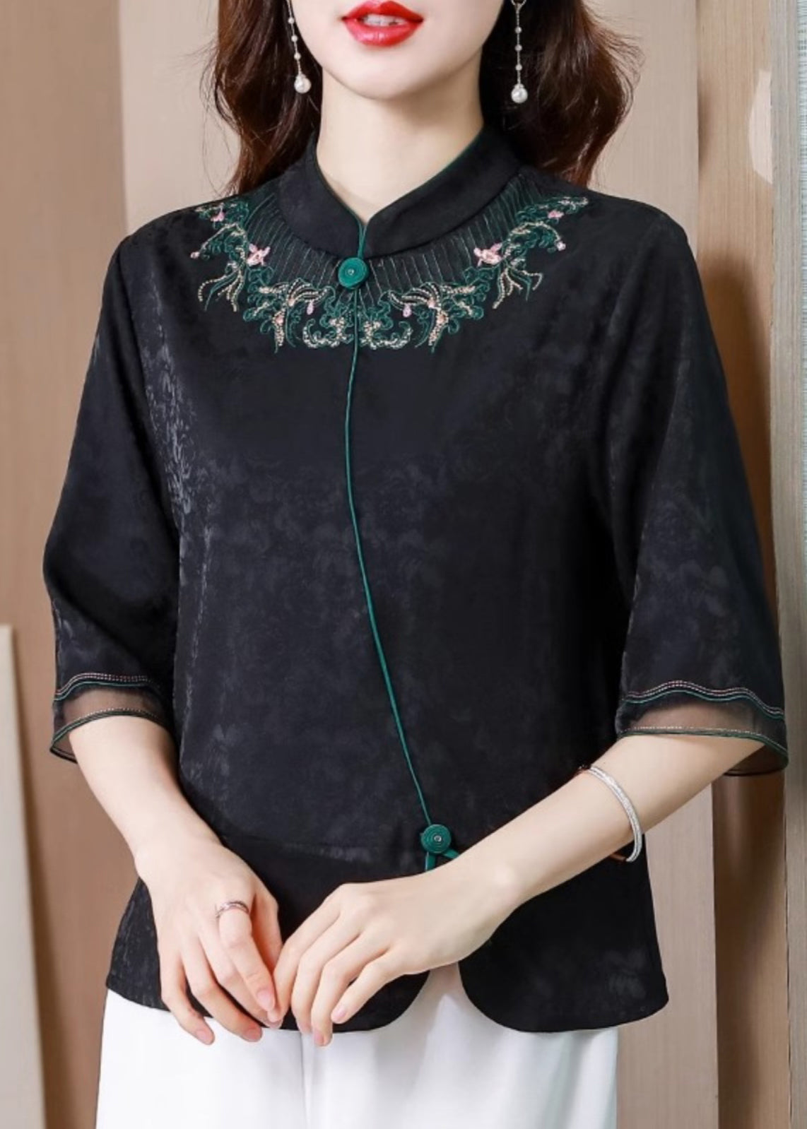 Black Stand Collar Embroidered Silk Blouse Top Summer Bb008