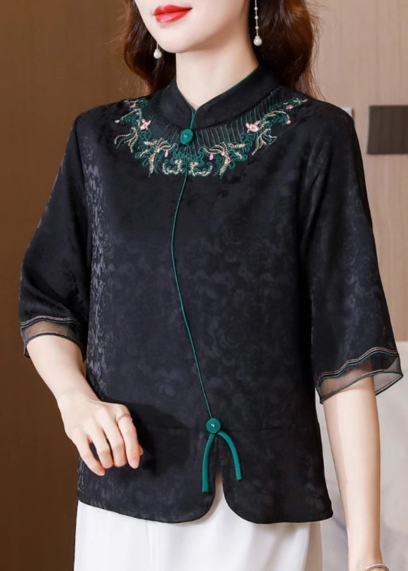 Black Stand Collar Embroidered Silk Blouse Top Summer Bb008