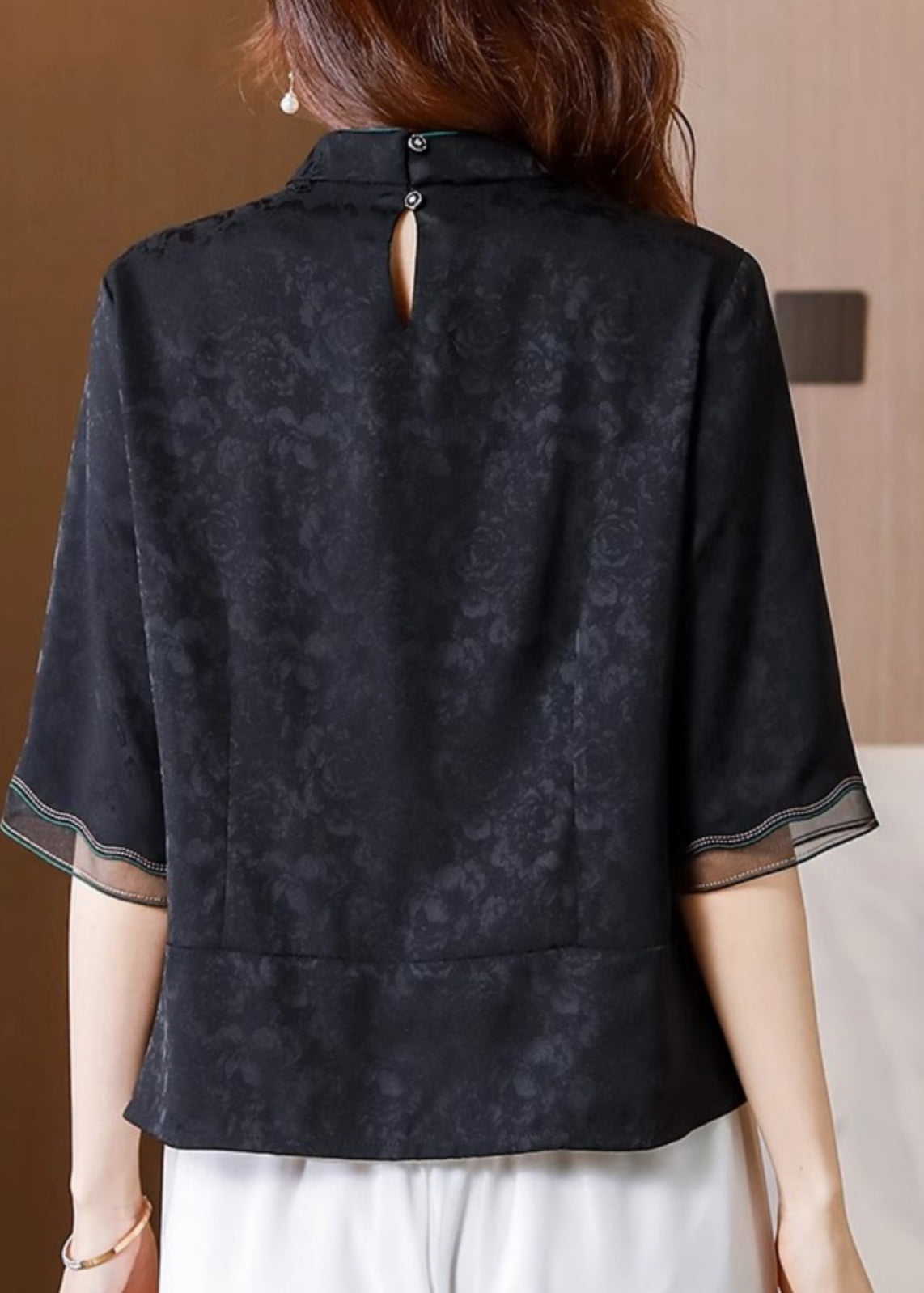 Black Stand Collar Embroidered Silk Blouse Top Summer Bb008