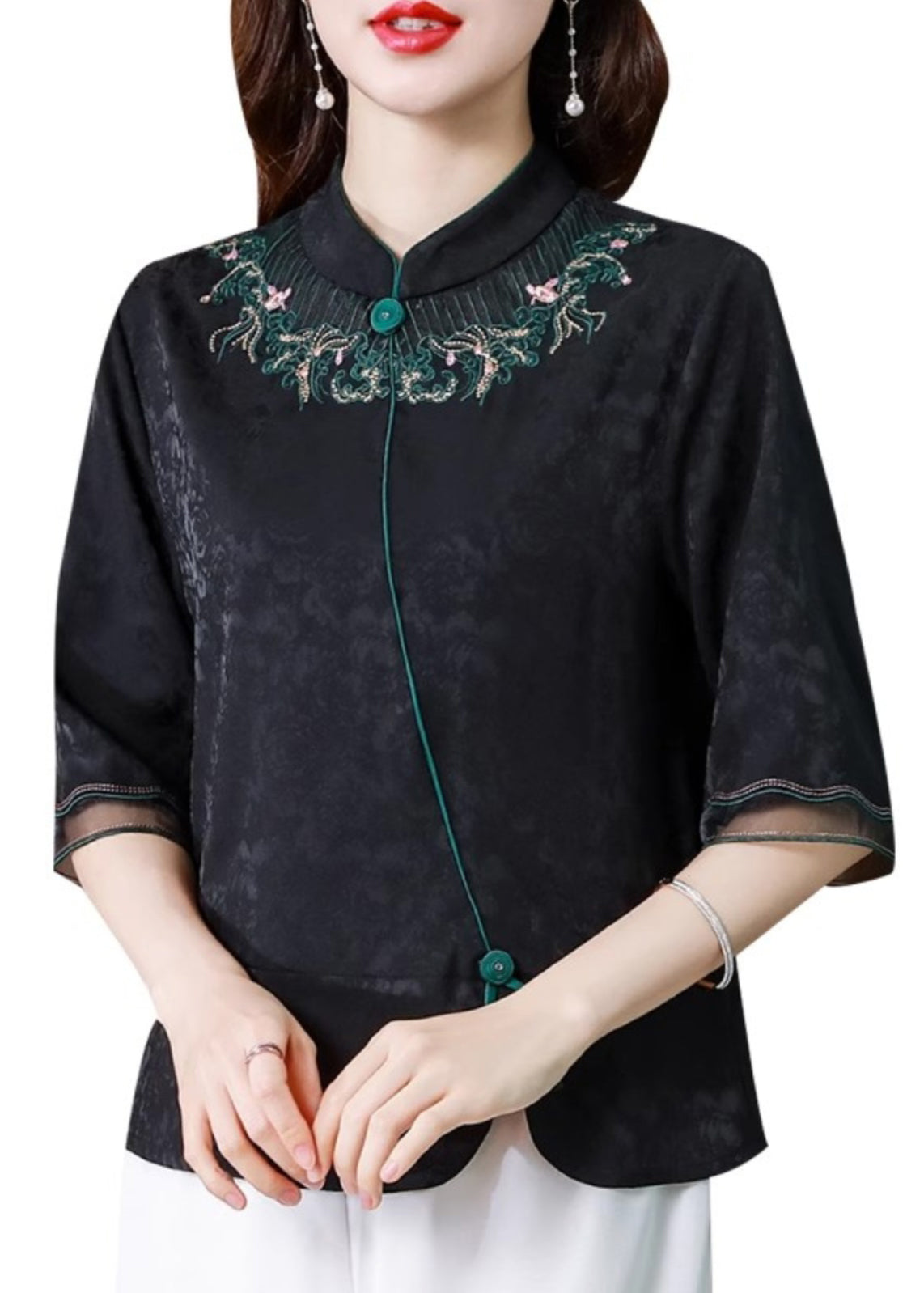 Black Stand Collar Embroidered Silk Blouse Top Summer Bb008